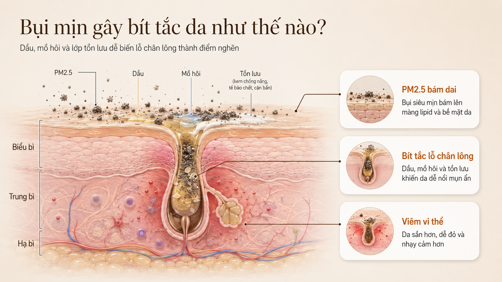 Minh họa bụi mịn, dầu thừa và bít tắc lỗ chân lông
