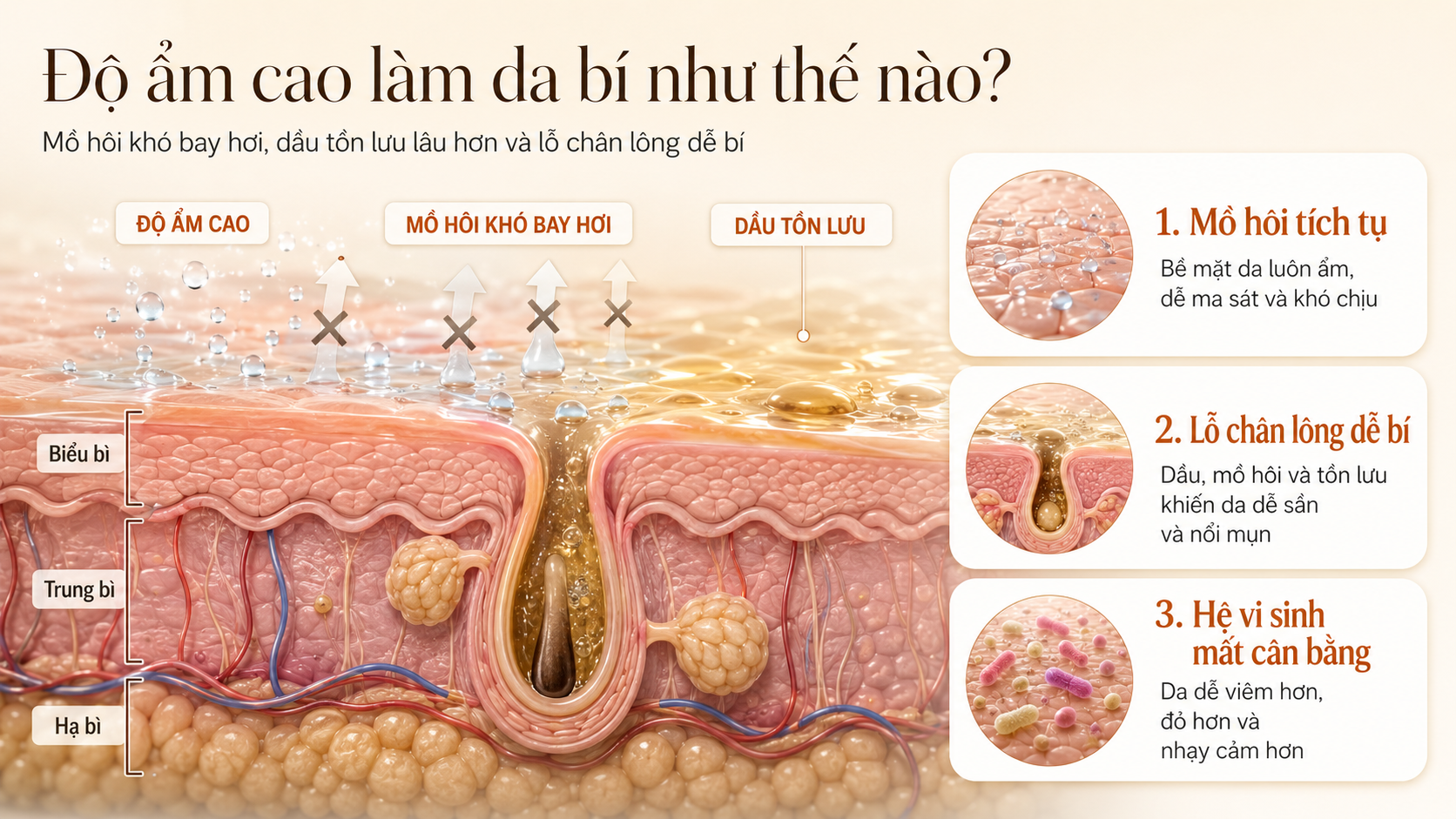 Minh họa độ ẩm cao làm da bí bách